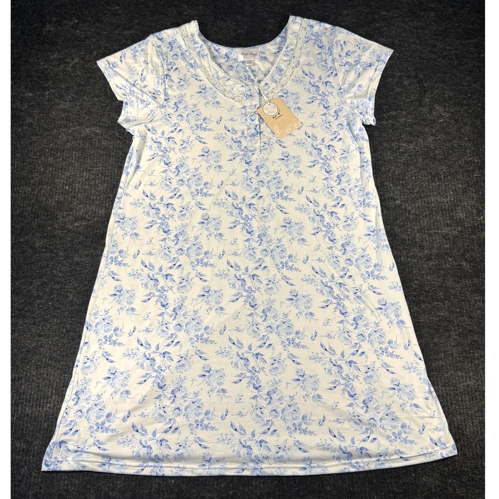 Body Touch Lingerie Floral Nightgown Blue White Lace Trim Henley Sleep Dress 1X